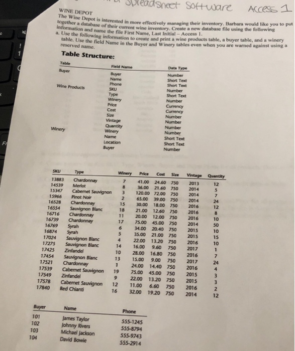  U Spreadsheet Software Access WINE DEPOT The Wine Depot is interested