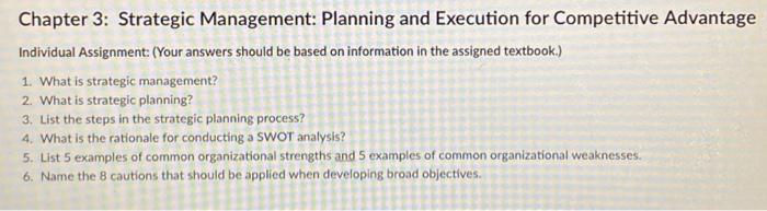  Chapter 3: Strategic Management: Planning and Execution for Competitive Advantage Individual