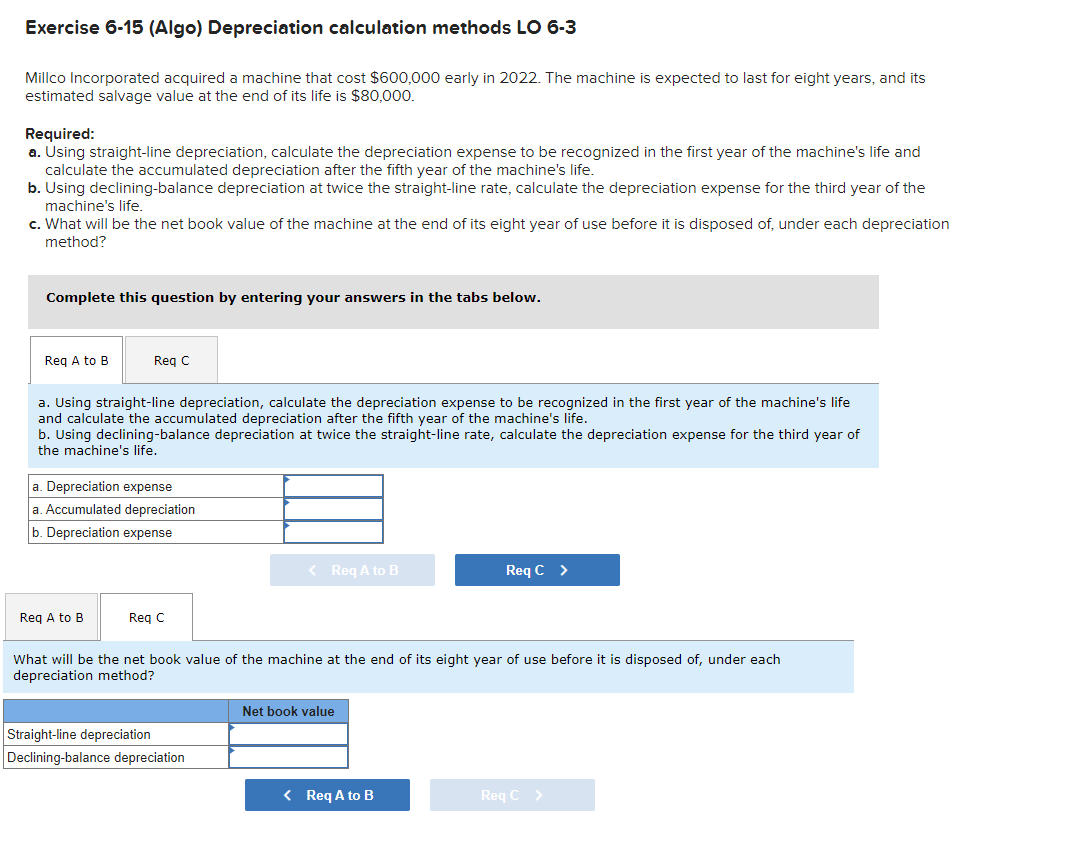  Exercise 6-15 (Algo) Depreciation calculation methods LO 6-3 Millco Incorporated acquired