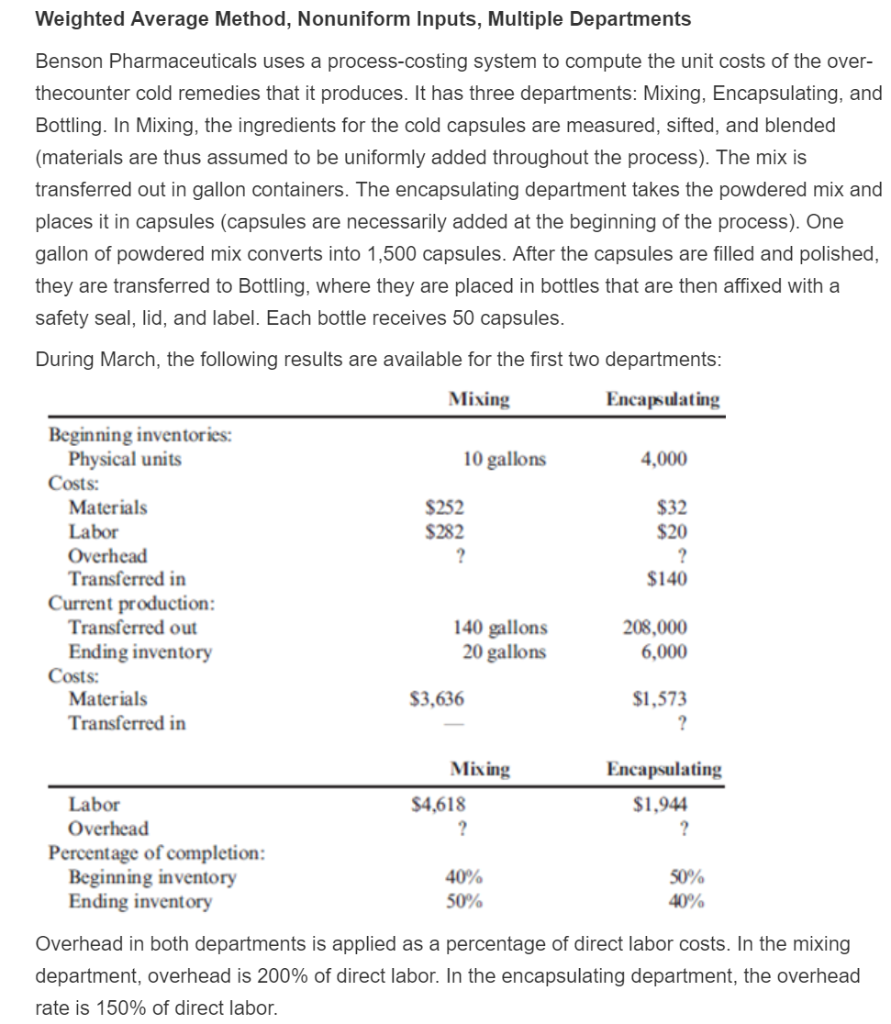 problem? Benson Pharmaceuticals - Mixing Department Production Report -Weighted Average Method For