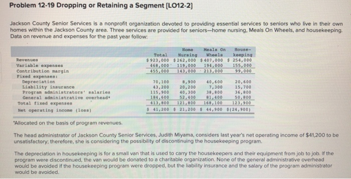  Problem 12-19 Dropping or Retaining a Segment (LO12-2) Jackson County Senior