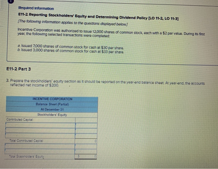information E11-2 Reporting Stockholders' Equity and Determining Dividend Policy [LO 11-2. LO