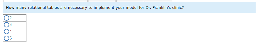Dr. Franklin's clinic? \begin{tabular}{|l|} \hline 2 \\ \hline 3 \\ \hline 4