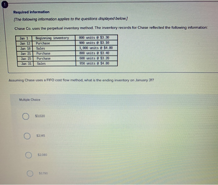 the perpetual inventory method. The inventory records for Chase reflected the following