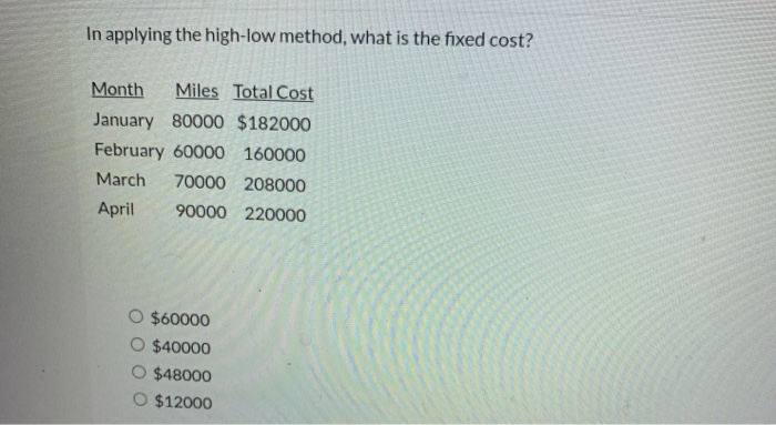  In applying the high-low method, what is the fixed cost? Month