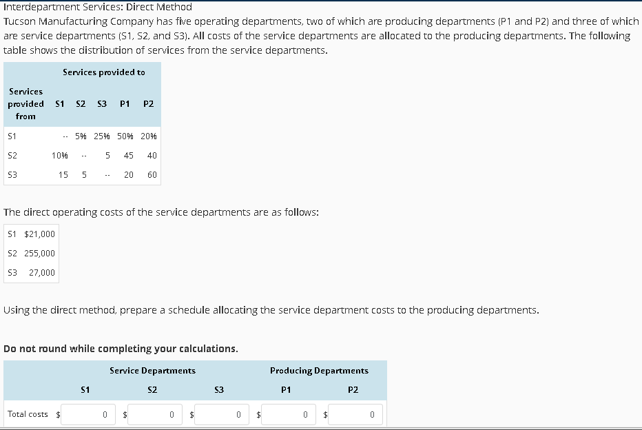  Interdepartment Services: Direct Method Tucson Manufacturing Company has five operating departments,