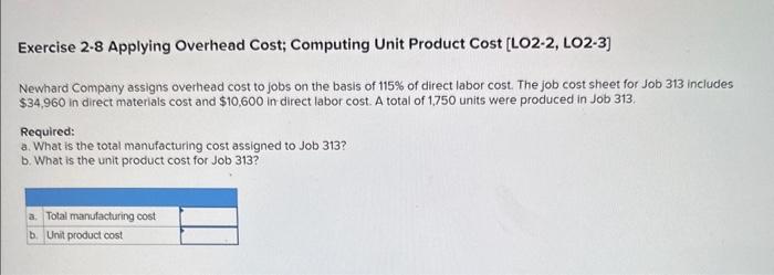  Exercise 2-8 Applying Overhead Cost; Computing Unit Product Cost [LO2-2, LO2-3]