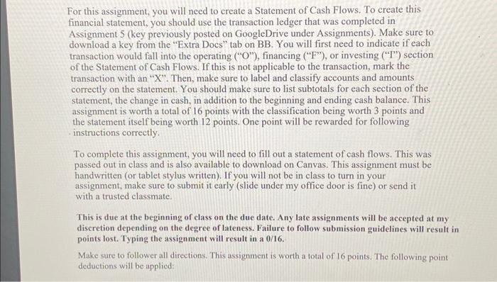  l For this assignment, you will need to create a Statement