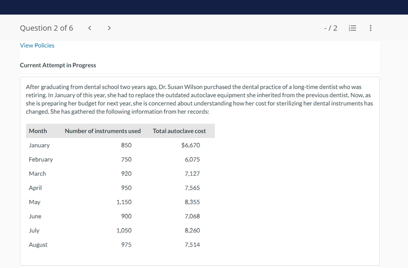 the high-low method, what is the variable cost of sterilizing an instrument