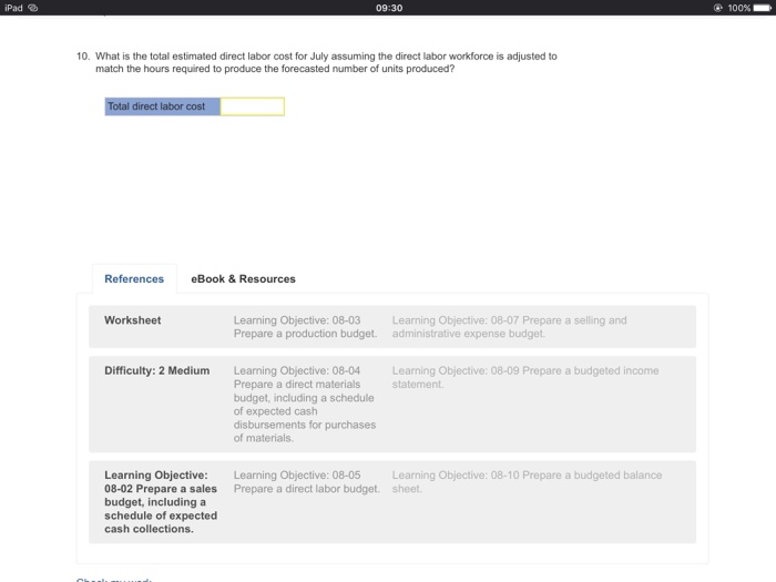 08-04 Learning Objective: 08-09 Prepare a budgeted income Prepare a direct materials