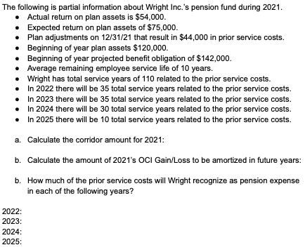 The following is partial information about Wright Inc.'s pension fund during