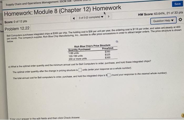  Supply Chain and Operations Management: SSCM 328 Save Homework: Module 8