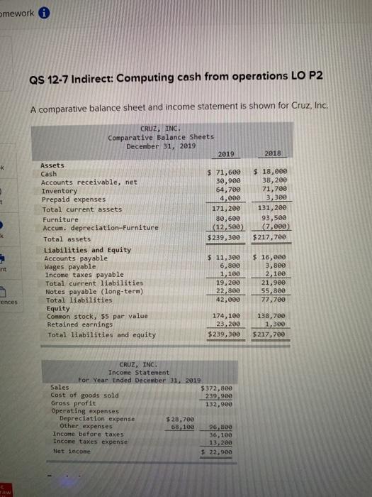  omework QS 12-7 Indirect: Computing cash from operations LO P2 A