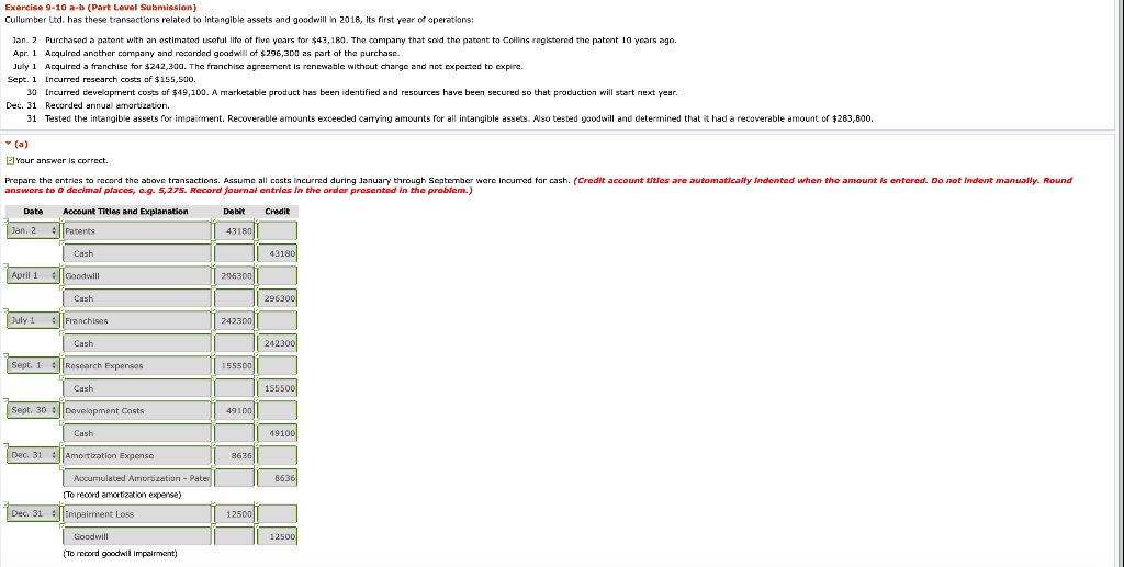  Exercise 9-10 a-b (Part Level Submission) Cullumber Lod. has these transactions