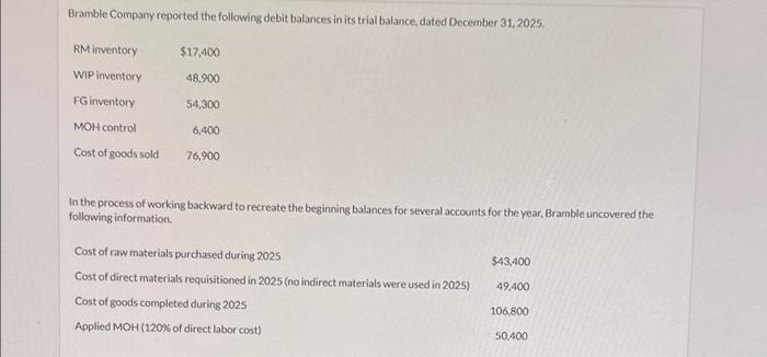 January 1, 2025. Beginning Wip liventory 5 Bramble Company reported the following