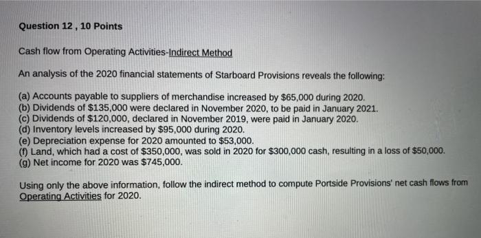  Question 12 , 10 Points Cash flow from Operating Activities-Indirect Method