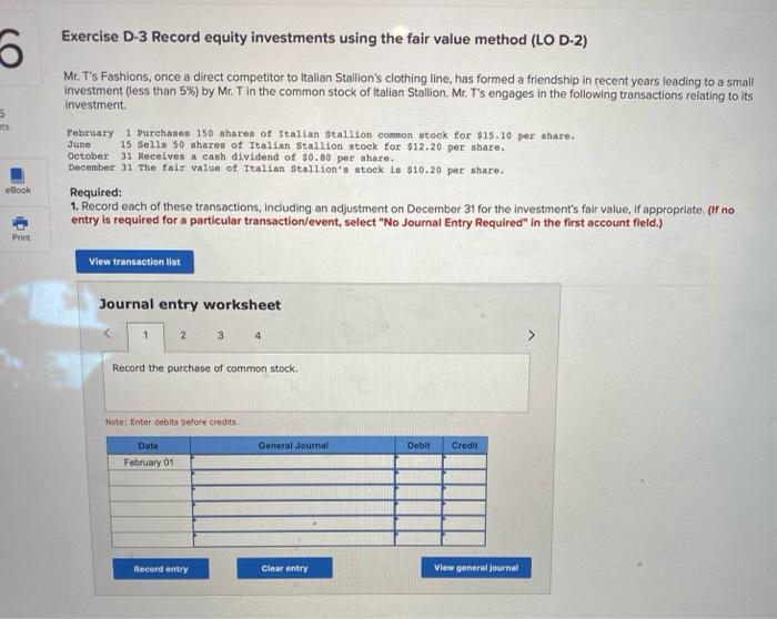  Exercise D-3 Record equity investments using the fair value method (LO