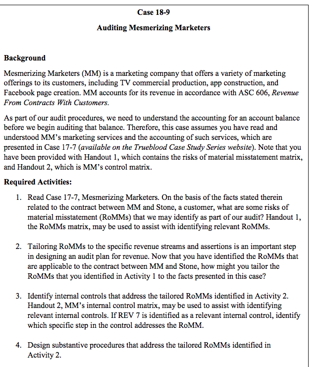  Case 18-9 Auditing Mesmerizing Marketers Background Mesmerizing Marketers (MM) is a