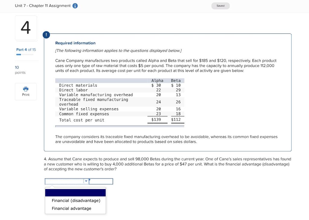  Unit 7 - Chapter 11 Assignment Saved 4 Required information Part
