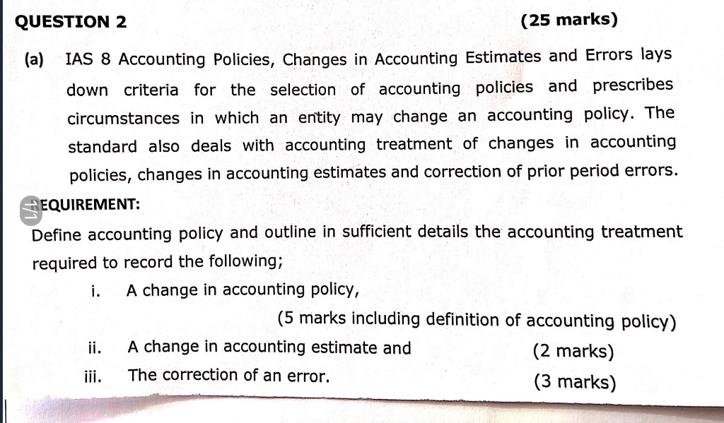 QUESTION 2 (25 marks) (a) IAS 8 Accounting Policies, Changes in