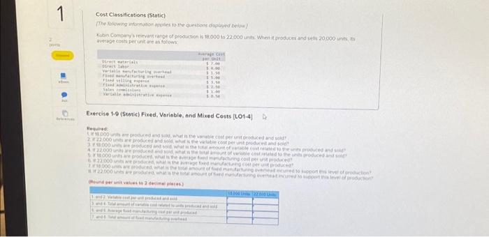  1 2 points Skipped eBook Ask References Cost Classifications (Static) [The