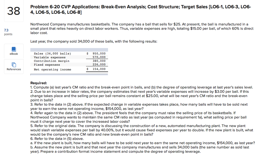  Problem 6-20 CVP Applications: Break-Even Analysis; Cost Structure; Target Sales [L06-1,