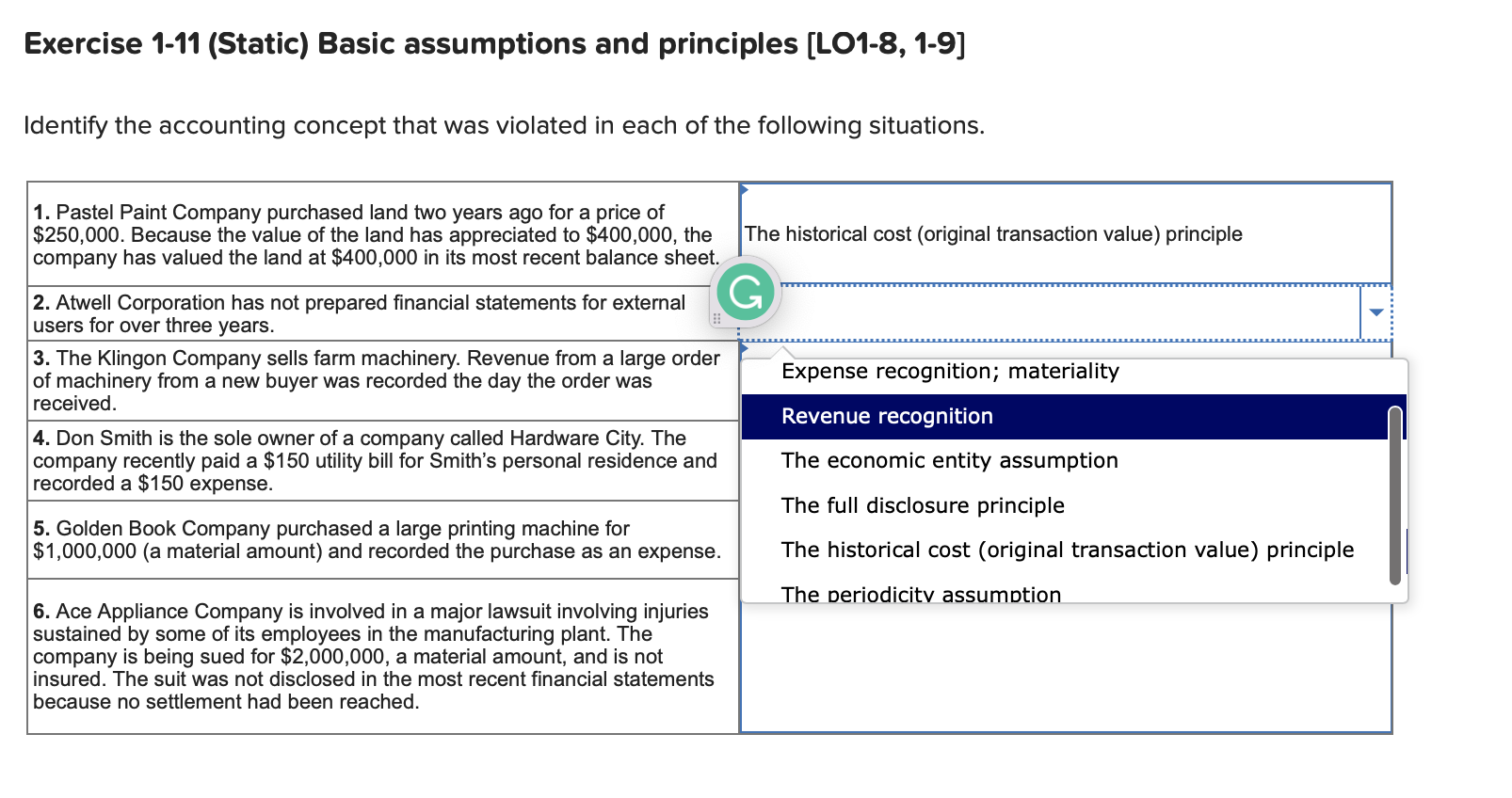  Exercise 1-11 (Static) Basic assumptions and principles [LO1-8, 1-9] Identify the