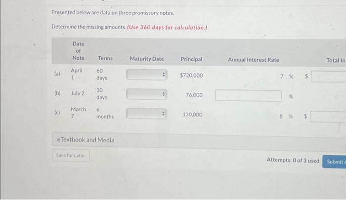  Presented below are data on three promissory notes. Determine the missing