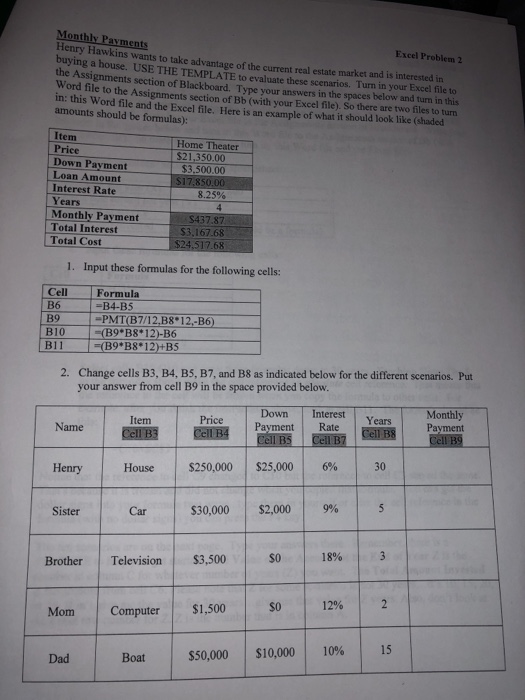 The formulas are given below. Turn in your Excel file to the