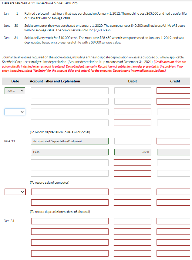 Please solve for each column Here are selected 2022 transactions of Sheffield