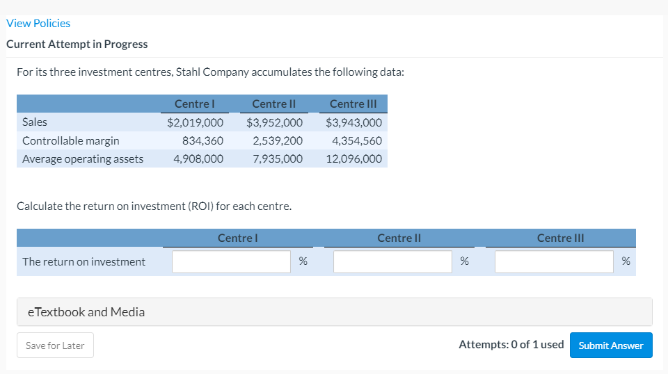 View Policies Current Attempt in Progress For its three investment centres,