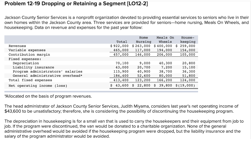  Problem 12-19 Dropping or Retaining a Segment [LO12-2] Jackson County Senior