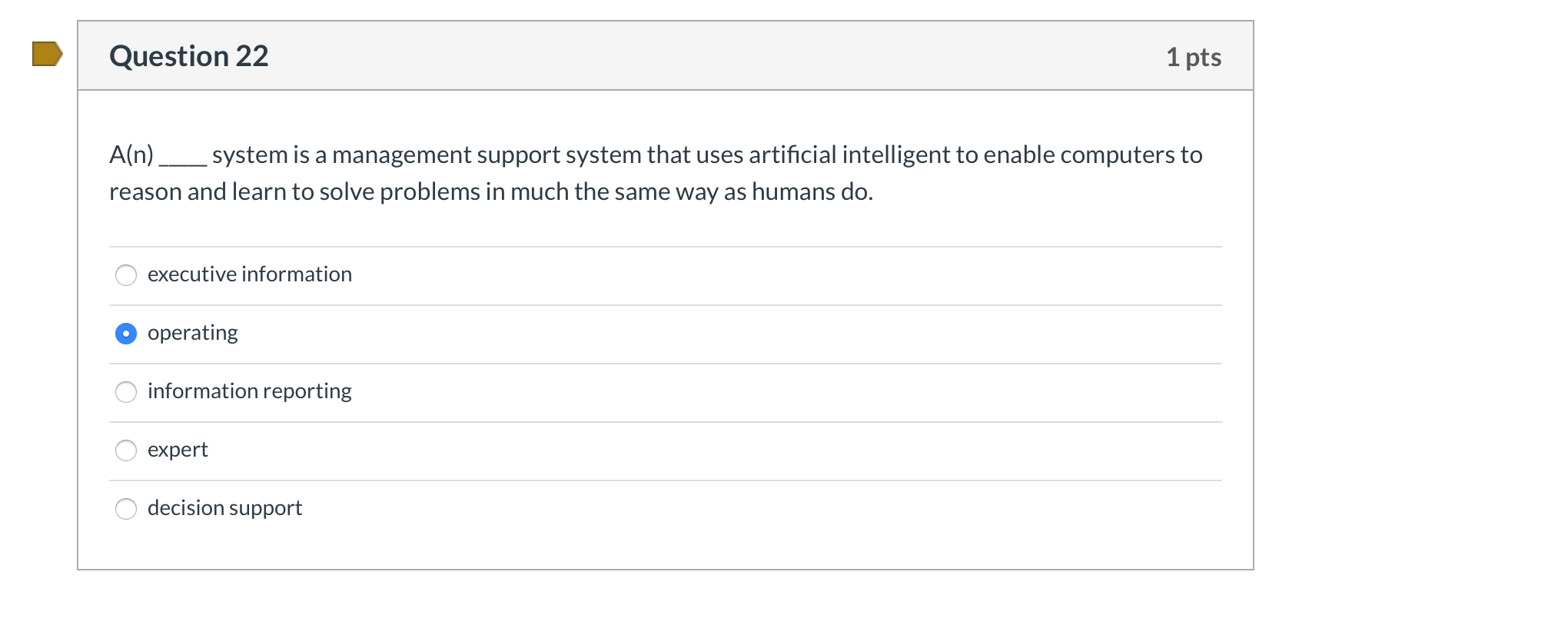 Question 22 1 pts A(n) system is a management support system