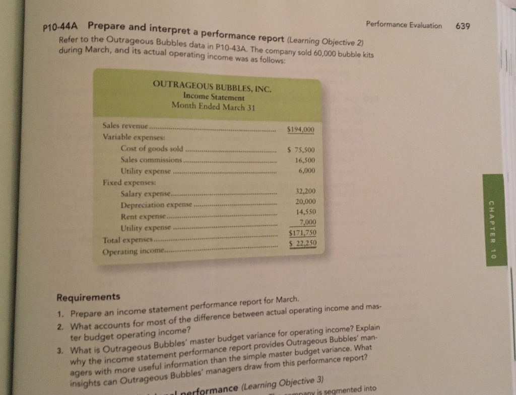  DATA IS ON SECOND PICTURE******** A Prepare and interpret a performance