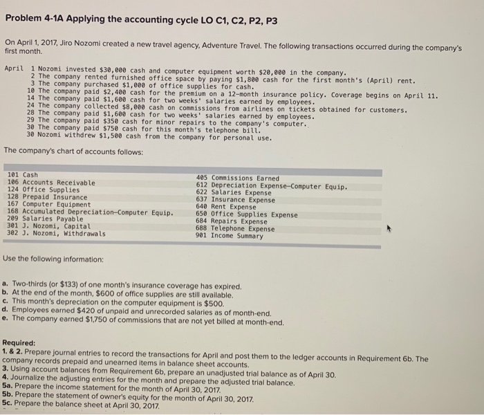 Problem 4-1A Applying the accounting cycle LO C1, C2, P2, P3