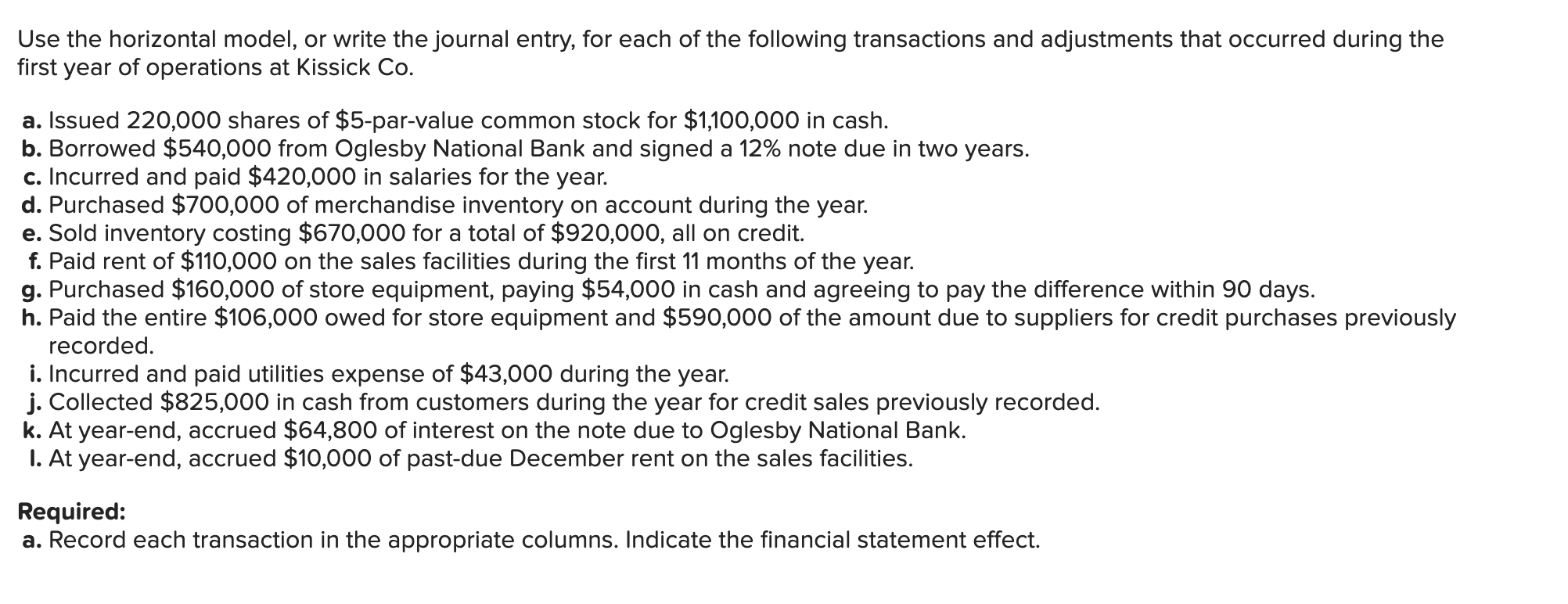  Use the horizontal model, or write the journal entry, for each