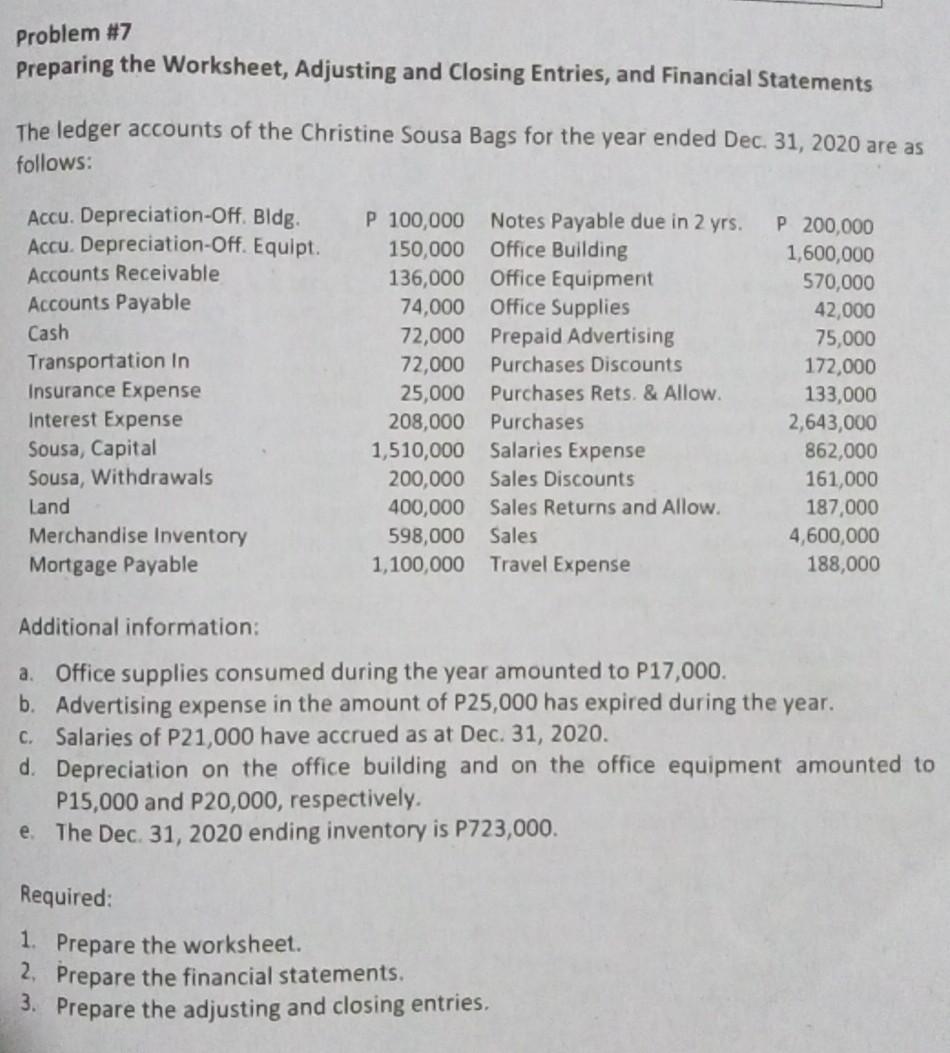 answer for this Problem #7 Preparing the Worksheet, Adjusting and Closing