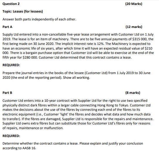 Question 2 (20 Marks) Topic: Leases (for lessees) Answer both parts