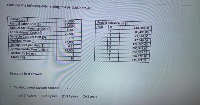  Consider the following data relating to a particular project. Initial Cost