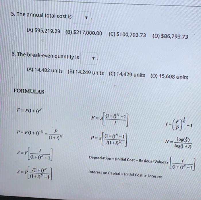 ($) Variable Cost per Unit ($) Residual Value ($) Selling Price per