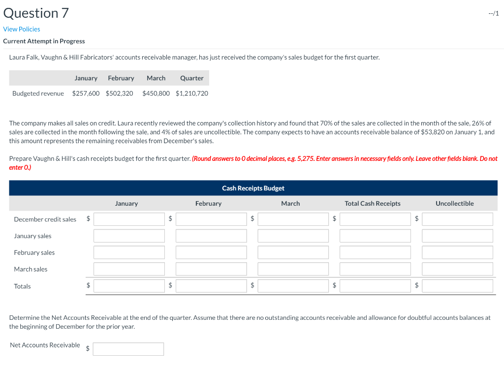  Question 7 --/1 View Policies Current Attempt in Progress Laura Falk,