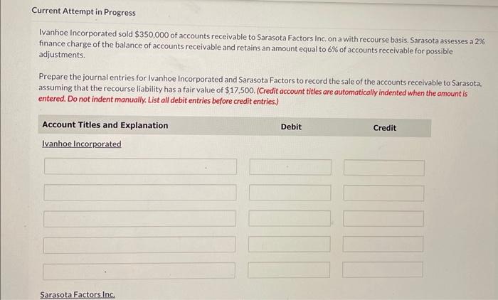 please help Current Attempt in Progress Ivanhoe Incorporated sold $350,000 of accounts