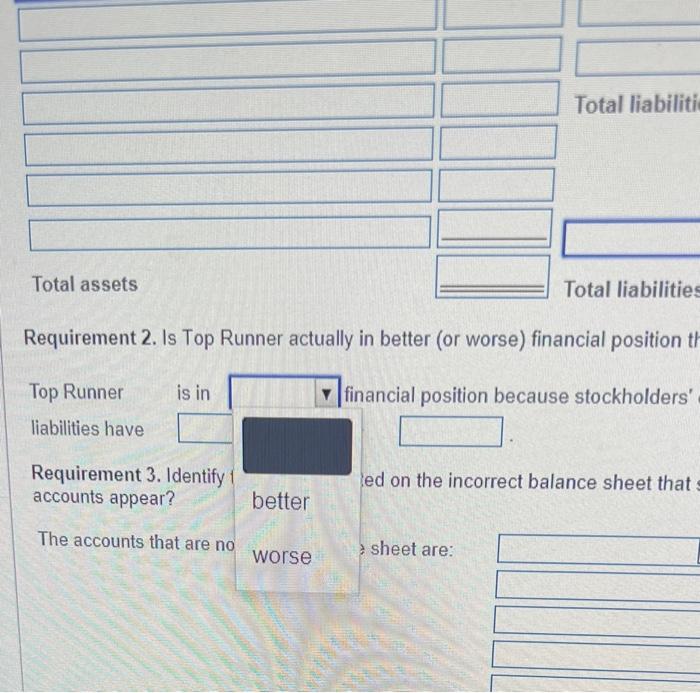 total assets, total liablinles, and stockholders' equity. First prepare the balance sheet