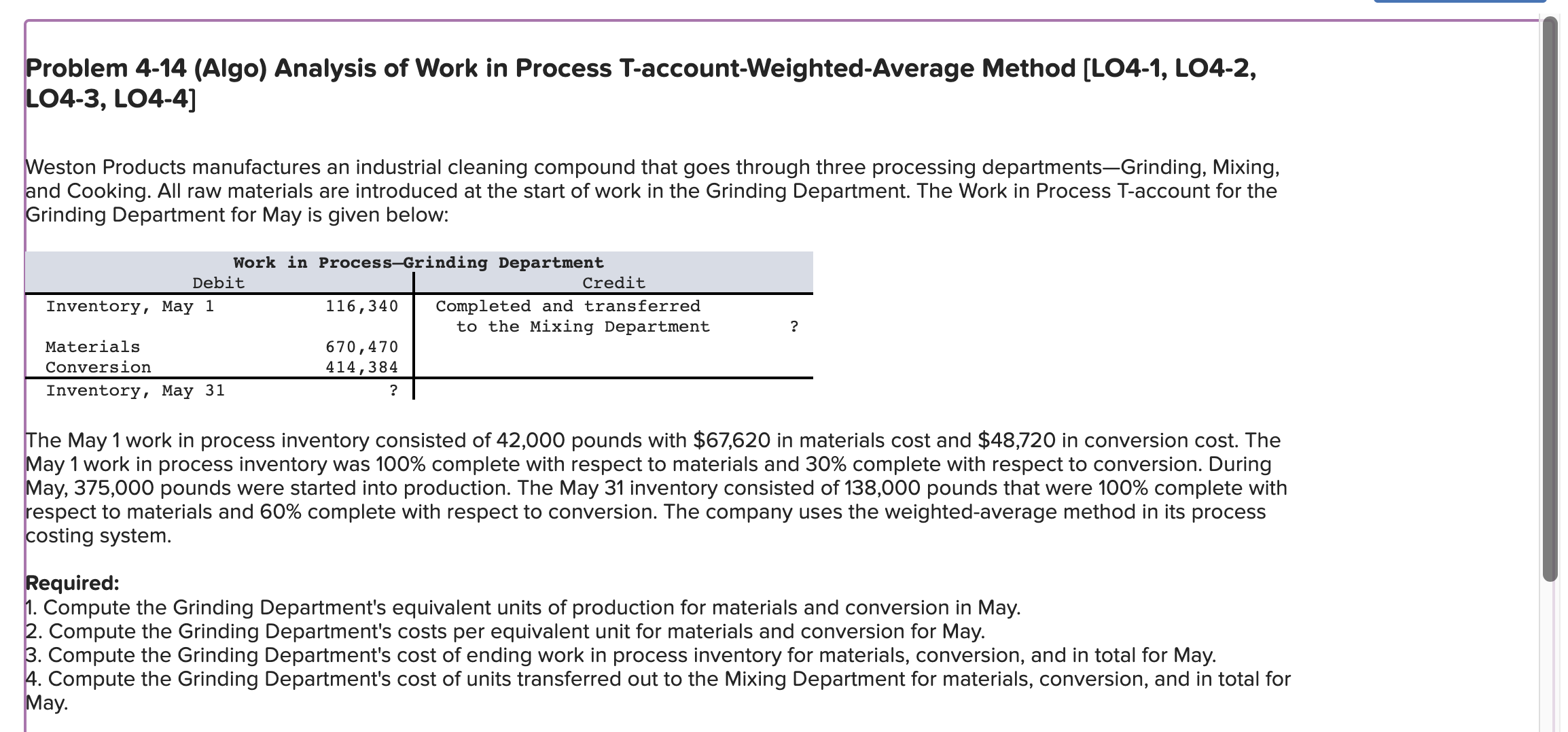  Problem 4-14 (Algo) Analysis of Work in Process T-account-Weighted-Average Method [LO4-1,