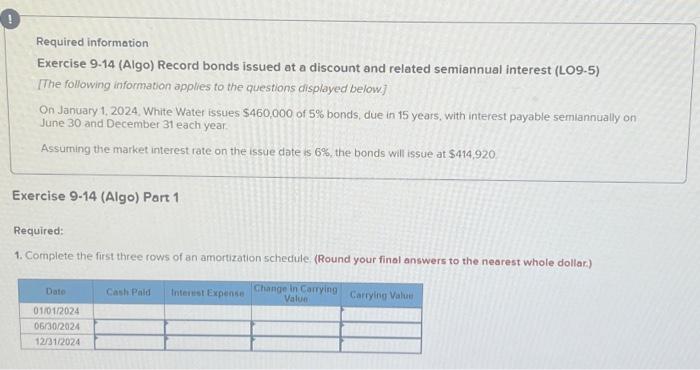  Required information Exercise 9.14 (Algo) Record bonds issued at a discount