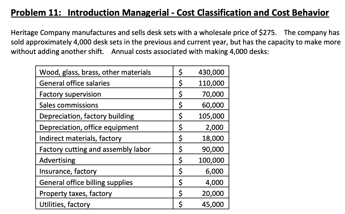  Problem 11: Introduction Managerial - Cost Classification and Cost Behavior Heritage