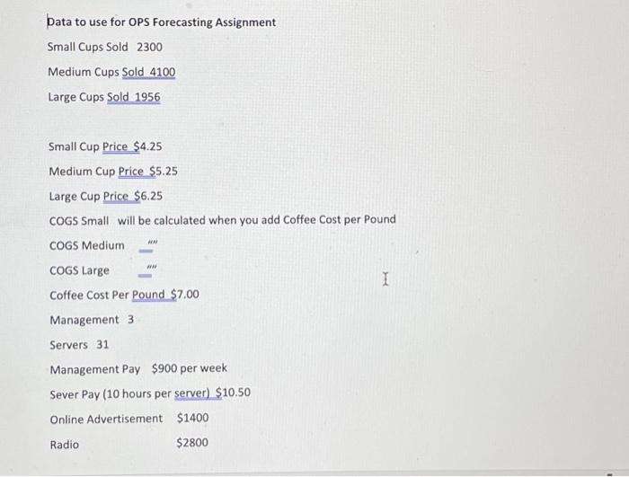  Data to use for OPS Forecasting Assignment Small Cups Sold 2300
