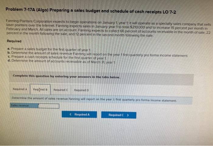 schedule of cash receipts LO 72 Fanning Pointers Corporation expects to begin