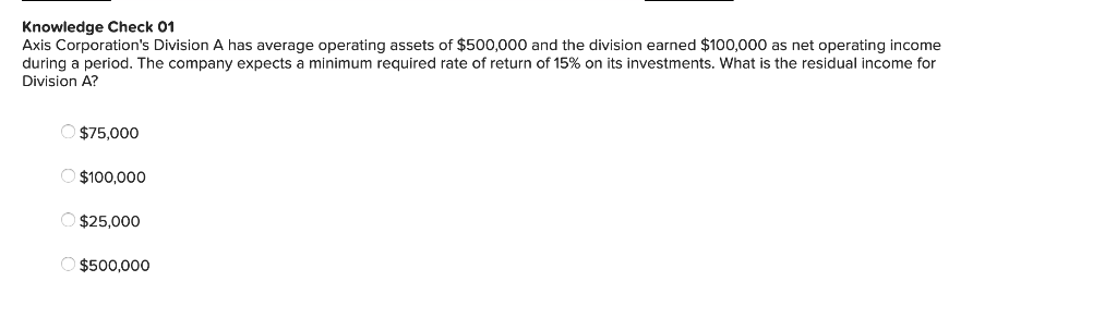  Knowledge Check 01 Axis Corporation's Division A has average operating assets