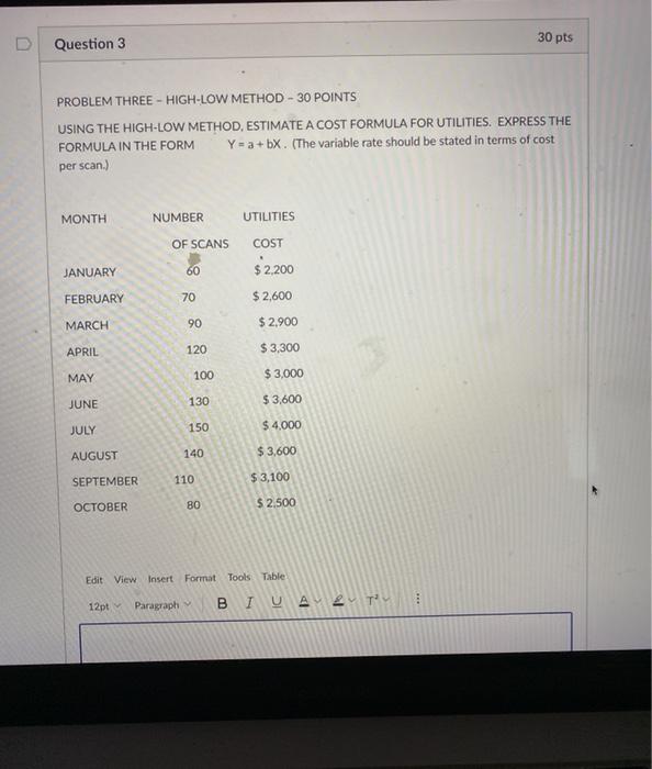  D 30 pts Question 3 PROBLEM THREE - HIGH-LOW METHOD -